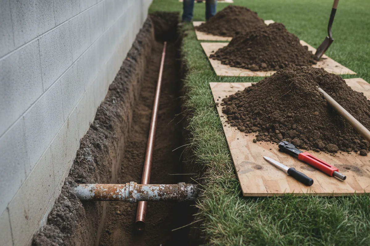 Excavated water line trench during Sewer Line Repair in Pembroke